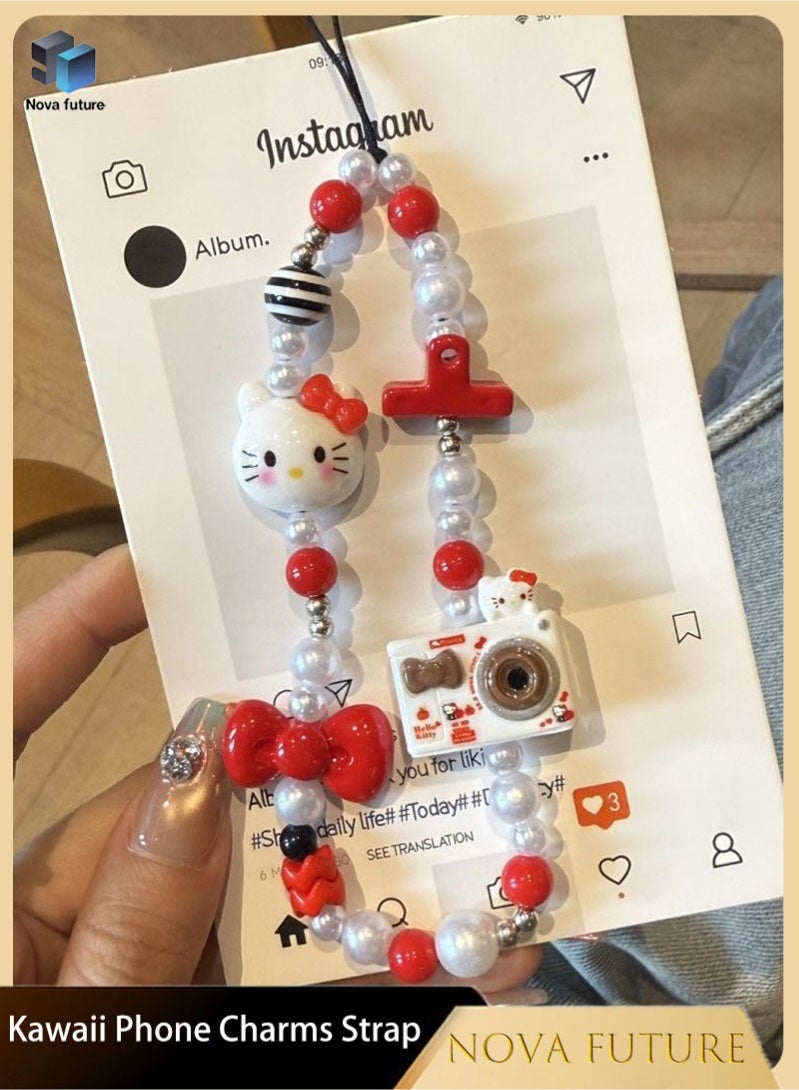 Nova future Kawaii Beaded Pearl Phone Charms Strap Cute Kitten Camera Bow Cell Phone Lanyard Wrist Strap - Image 1